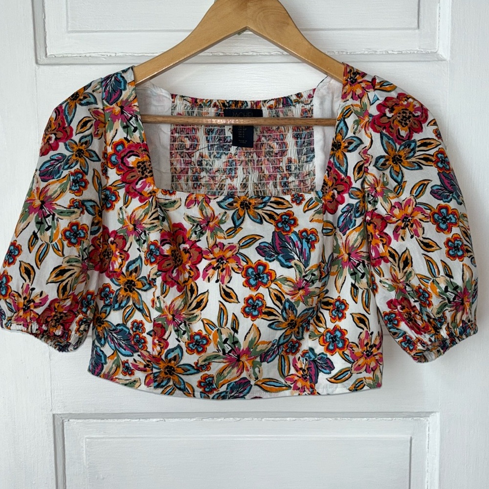 RACHEL ROY FLORAL PUFF SLEEVE CROP TOP